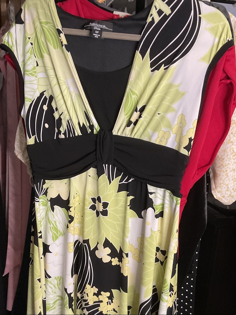 R & M Richards Black and Lime Floral V-Neck Dress size 12 p